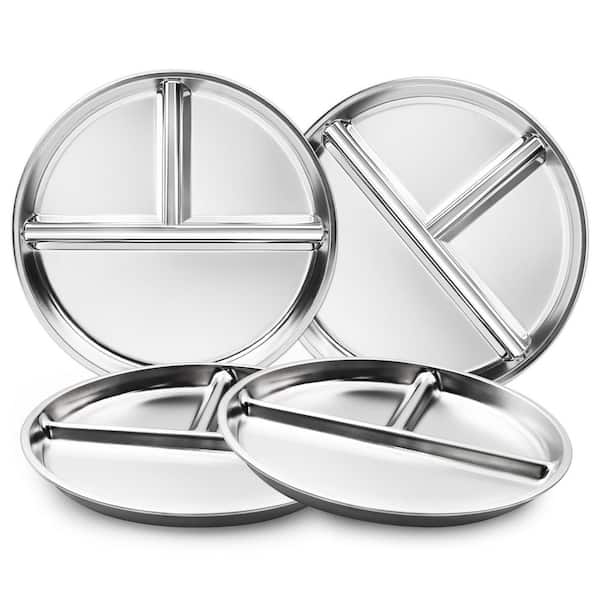 4Pcs 9 in. Silver Stainless Steel Kids Dinner Plates, 9" Portion Control Plates Divided Plate for Adults Toddlers Lunch