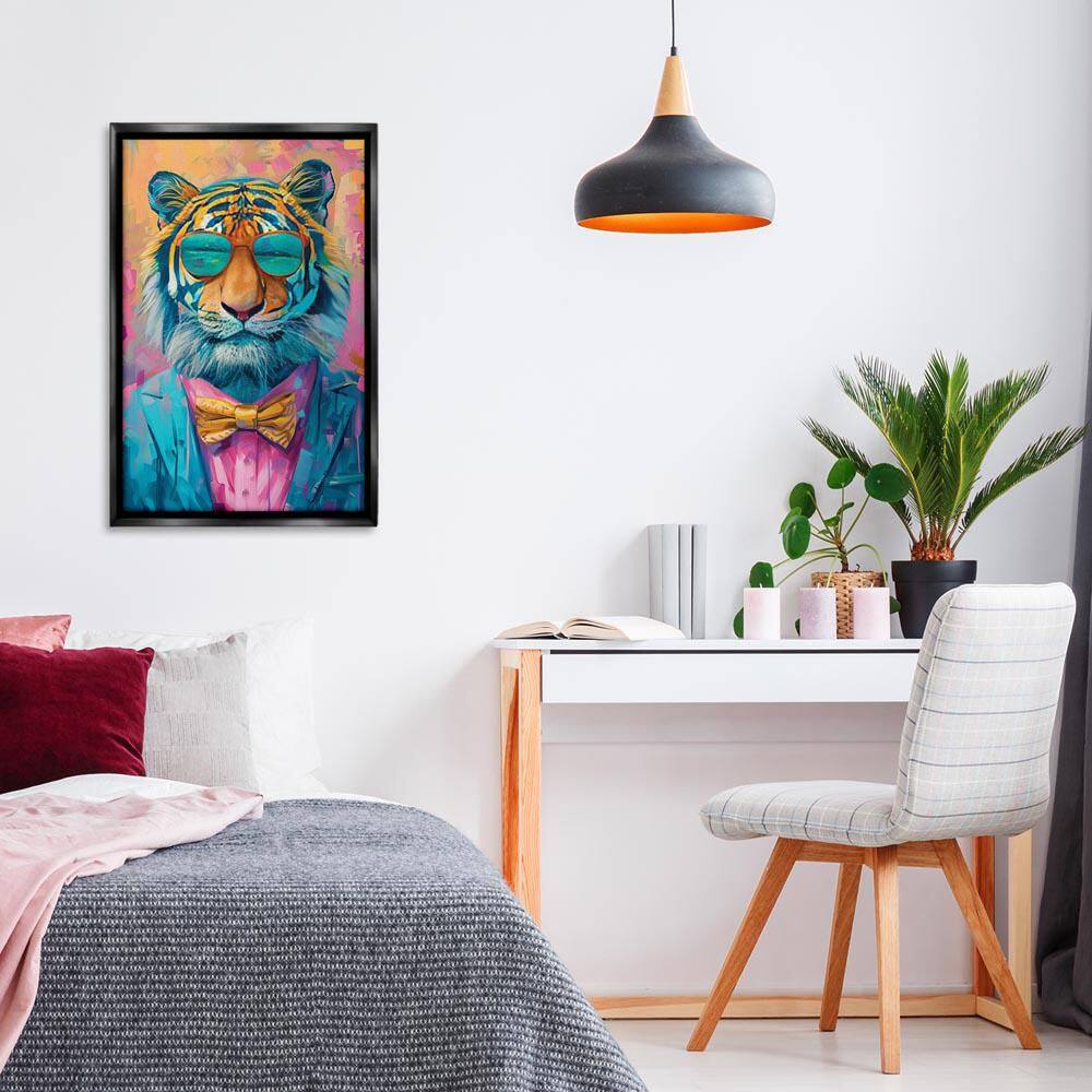 Smiling Snazzy Tiger by LSR Design Studio Black Floater Frame Animal Graphic Art Print 31 in. x 21 in. price history on PriceWatchPro