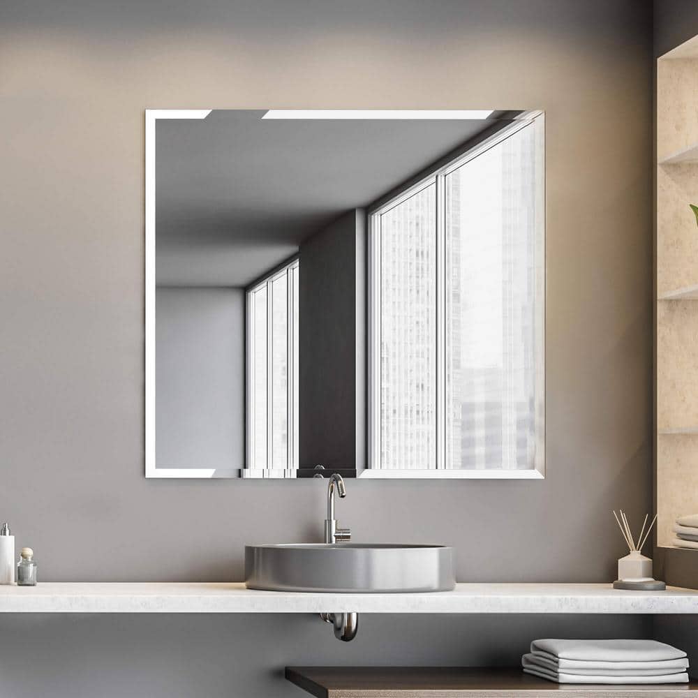 Elegant 36" Square Frameless Beveled Wall Mirror with Shelf