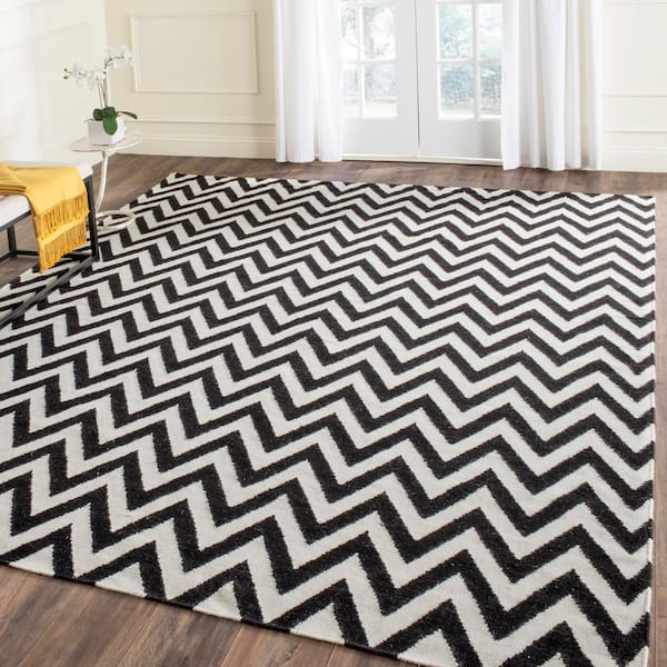 Dhurries 10 ft. x 14 ft. Black/Ivory Striped Chevron Area Rug