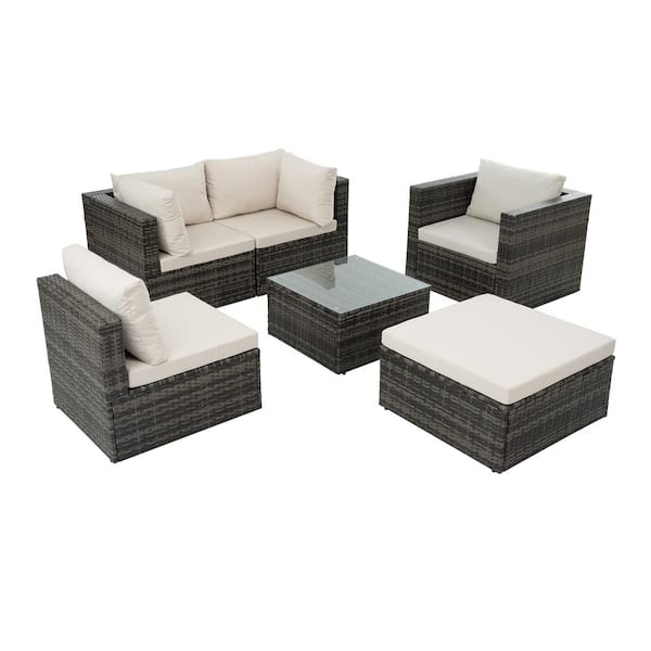 Zeus & Ruta 6-Piece Dark Gray Wicker Outdoor Patio Conversation Sectional with Beige Cushions, Coffee Table and Ottoman