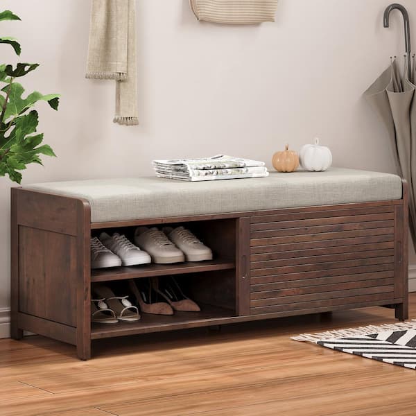Espresso Acacia Veneer Living Room Storage Bench with Seat Cushion, 2 Shutter Doors and 3 Shelves 43.3 in.