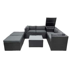 6 Piece Wicker Outdoor Sectional Set Sofa Black with Black Cushions