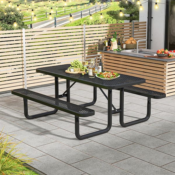 Boyel Living 72 in. Black Rectangle Metal Outdoor Picnic Table Bench Set for 8-Person with Seats and Mesh Grid
