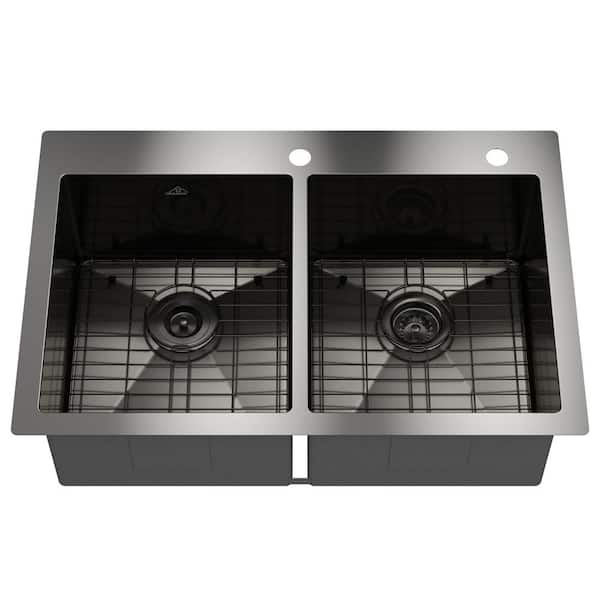 Boyel Living 33 in. Drop-In Double Bowl 18-Gauge Stainless Steel Kitchen Sink with Bottom Grids and Strainer Basket