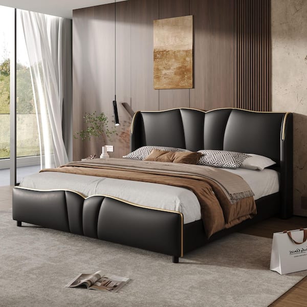 CHRISTOPHER KNIGHT HOME Parsi Modern Black PU Leather Upholstered Wood Frame Queen Size Platform Bed with Wingback Headboard, Wavy Footboard