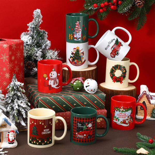 Wudkey Multi-Color Christmas Ceramic Coffee Mugs Bulk 12 oz. Set with Handle for Table Centerpieces (Set of 8)
