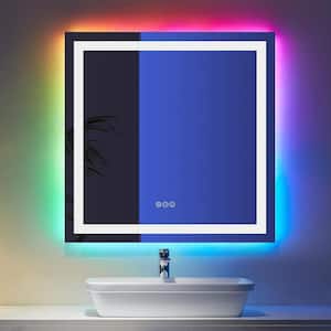 36 in. W x 36 in. H Sq. Frameless RGB Backlit LED Front lit Anti-Fog Tempered Glass Wall Bathroom Vanity Mirror