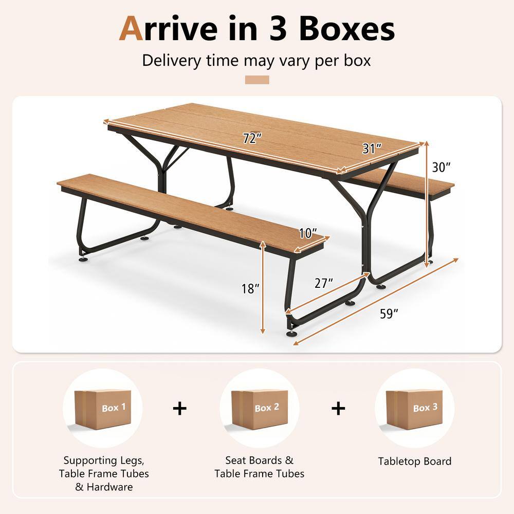 6FT Brown HDPE and Metal Outdoor Picnic Table Bench Set