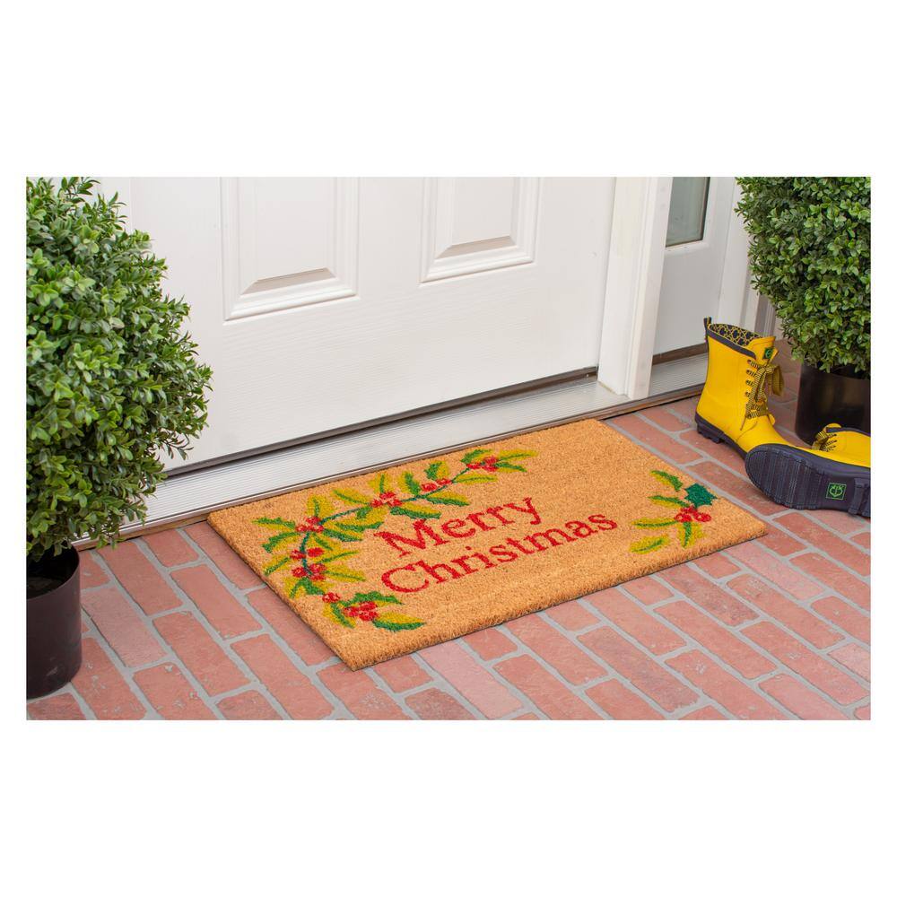 Merry Christmas Coir Doormat with Holly Design