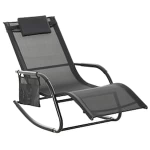 Black Metal Outdoor Rocking Chair with Removable Headrest and Side Pocket for Garden, Patio and Deck