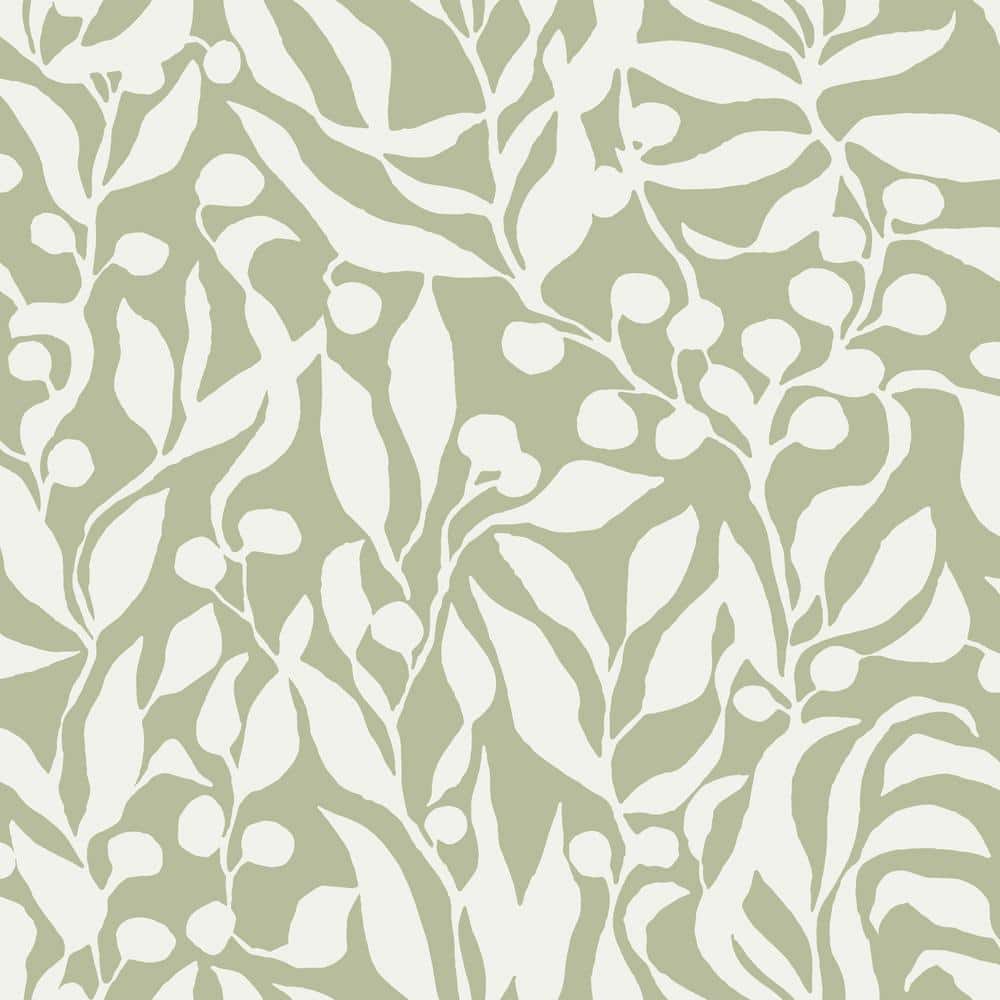 Sage Green and White Palm Leaf Non-pasted Wallpaper Roll