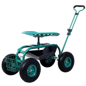 Green Steel Rolling 42.5 in. Garden Scooter Garden Cart Seat with Wheels, Tool Tray, 360 Swivel Seat, Extendable Handle