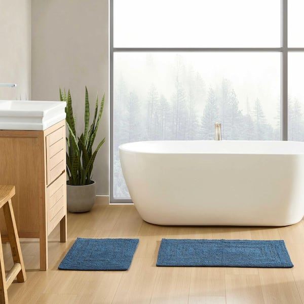 Eddie Bauer Logan Indigo Blue Solid Cotton Rectangular 2-Piece Reversible Bath Rug Set