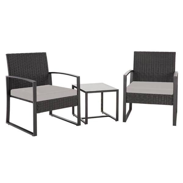 Unbranded Black 3-Piece Wicker Outdoor Bistro Set with Gray Cushions, Outdoor Patio Furniture Sets