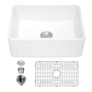 White Fireclay 24 in. Single Bowl Farmhouse Apron Front Kitchen Sink with Bottom Grid