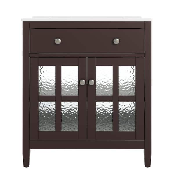 30 in. Single Sink Dark Brown Bath Vanity with White Ceramic Top, Adjustable Shelf, Tip-Out Tray, Unassembled
