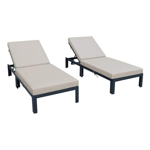Leisuremod Chelsea Modern Black Aluminum Outdoor Patio Chaise Lounge Chair with Beige Cushions (Set of 2)
