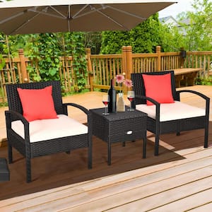 3-Piece Black Wicker Outdoor Bistro Set with Beige Cushions