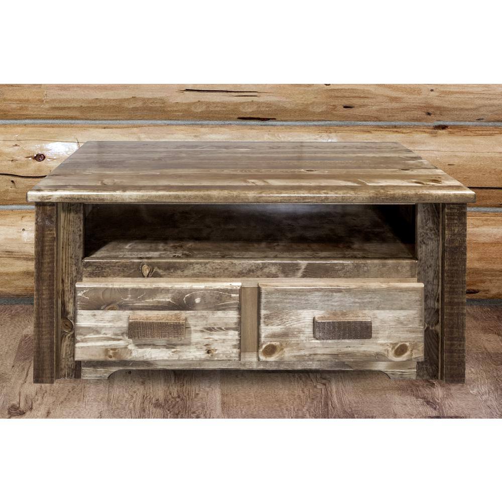 Rustic Pine Wood Coffee Table with Drawers