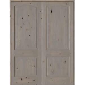 48 in. x 96 in. Rustic Knotty Alder 2-Panel Universal/Active Grey Stain Wood Double Prehung Interior Door with Arch-Top