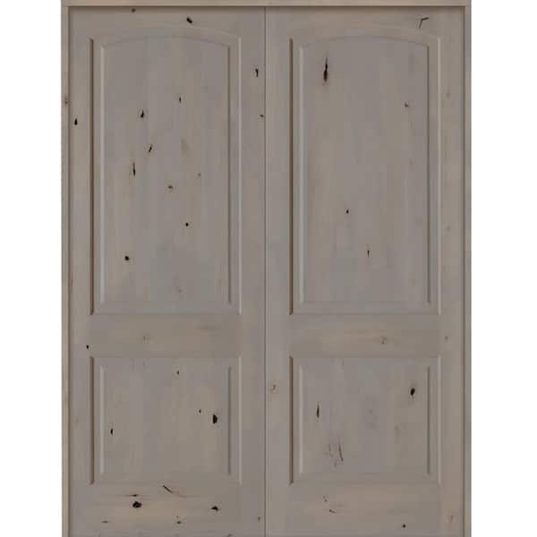Krosswood Doors 72 in. x 96 in. Rustic Knotty Alder 2-Panel Universal/Reversible Grey Stain Wood Double Prehung Interior Door w/Arch-Top