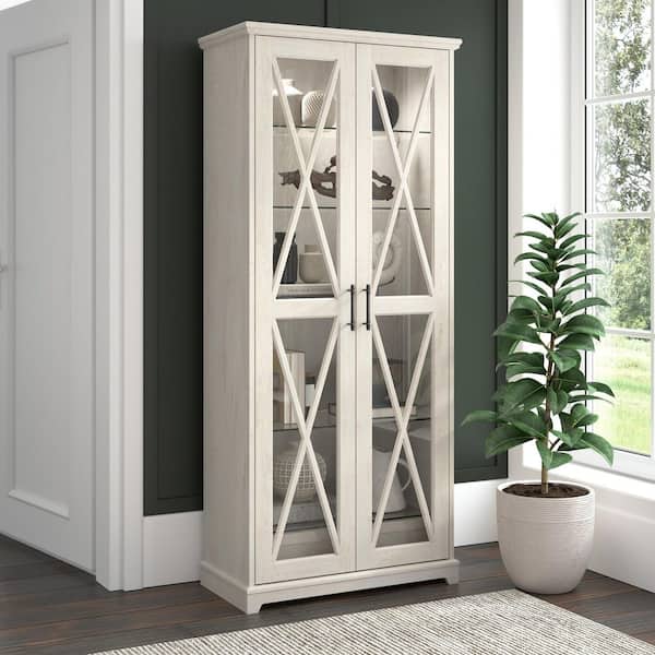Lennox Linen White Oak 72.01 in. Farmhouse Curio Cabinet with Glass Doors and Shelves