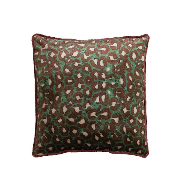 Green and Brown Leopard Print Pattern Microfiber 20 in. x 20 in. Throw Pillow with Eyelash Fringe