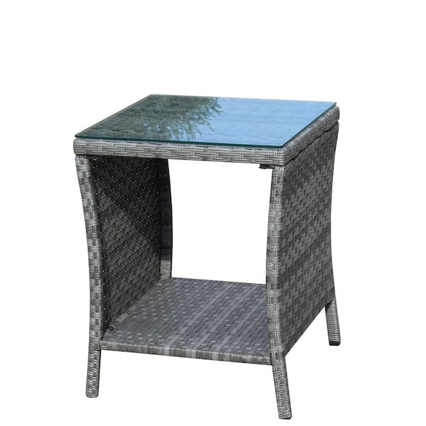 Grey Square Wicker 21 in. H Outdoor Coffee Table with Clear Tempered Glass