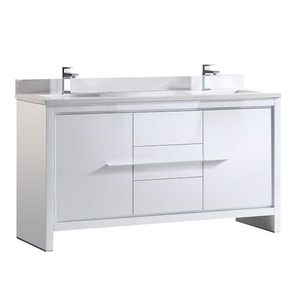 Fresca Allier 60 in. Double Vanity in White with Glass Stone Vanity Top in White with White Basin