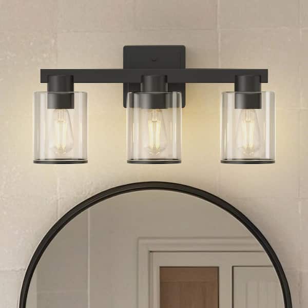 17.7 in. 3-Light Black Vanity Light with Clear Glass Shade Modern Indoor Mirror Lighting for Mirror, Bathroom