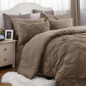 King Size Comforter Set 7 Pieces, Pintuck Bed in a Bag with Comforter, Bed Sheet, Pillowcases and Shams, Brown