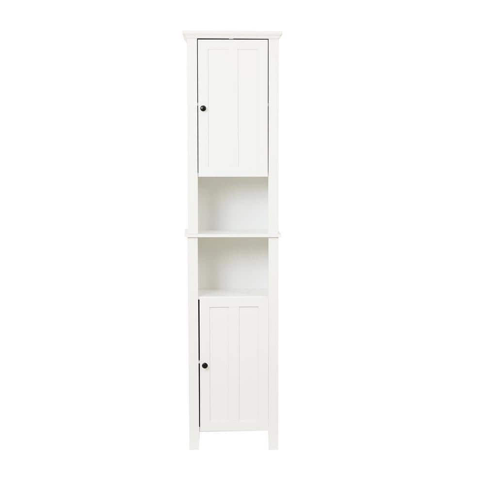 URTR Modern White Narrow Tall Slim Floor Cabinet with 2 Glass Doors and Adjustable Shelves for Bathroom, Entryway, Kitchen