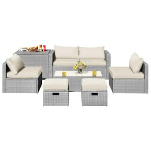 8-Piece Wicker Patio Conversation Set Furniture Set with Off White Cushions and Space-Saving Design