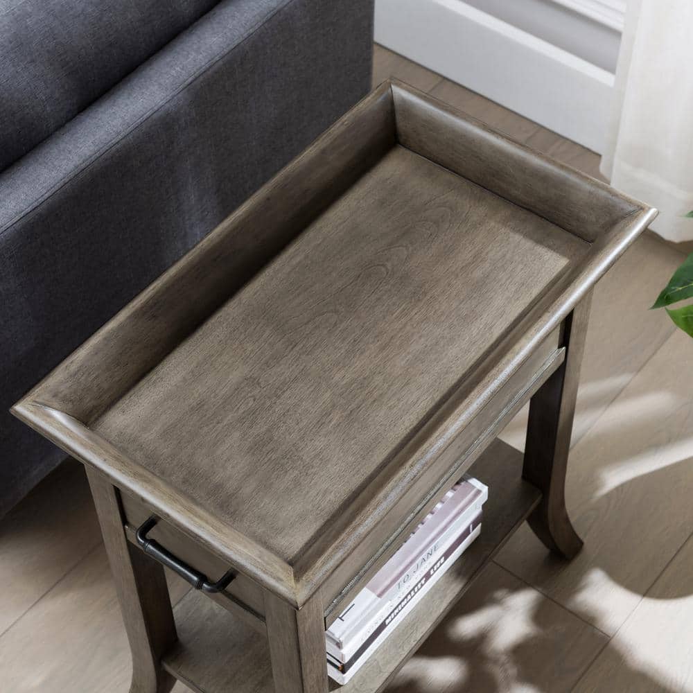 Smoke Gray Wash Wood Side Table with Drawer and Shelf