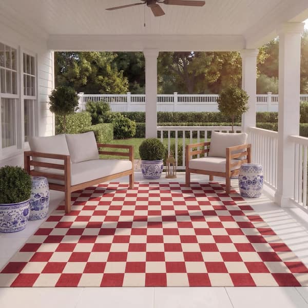 Courtyard Red/Beige 8 ft. x 10 ft. Checkered Indoor/Outdoor Area Rug