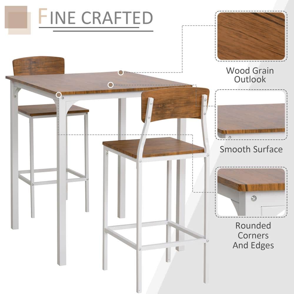 Rustic White and Medium Wood 3-Piece Bar Table Set with Steel Legs