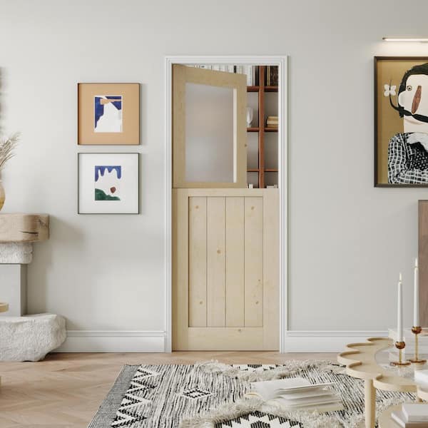 28in. x 80in. 1/2 Lite, Frosted Glass, Primed Half Split Interior Dutch Door Slab with Natural Pine Wood Color