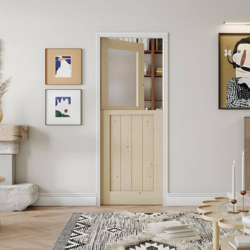 30 in. x 80 in. Natural Pine Finished Interior Dutch Door with Half Frosted Glass