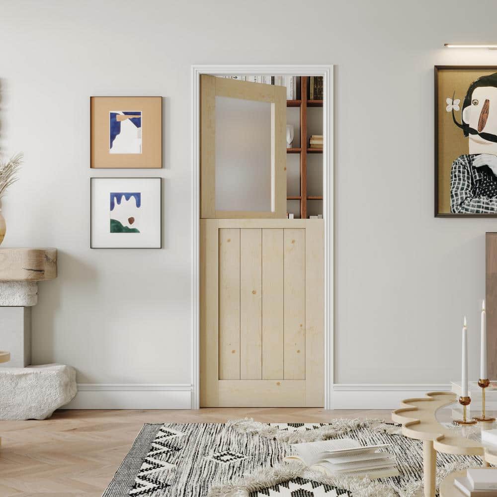 32 in. x 80 in. Natural Pine Interior Dutch Door with Frosted Glass