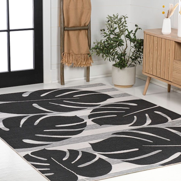 Allison Classic Beach Stripe and Monstera Leaf Black/Gray 4 ft. x 6 ft. Indoor/Outdoor Area Rug