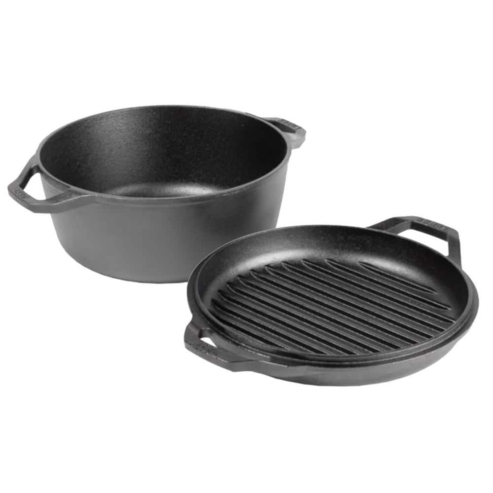 Black Cast Iron Non-stick Double Dutch Oven with Grill Pan Lid
