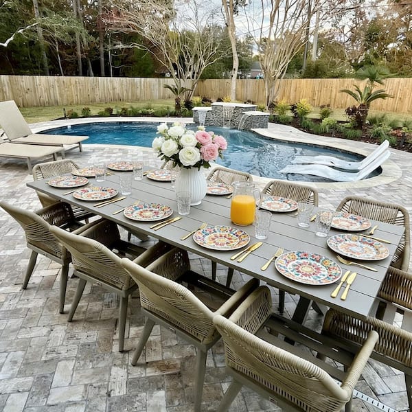11-Piece Aluminum All-Weather PE Rattan Rectangular Outdoor Dining Set with Cushion, Champagne