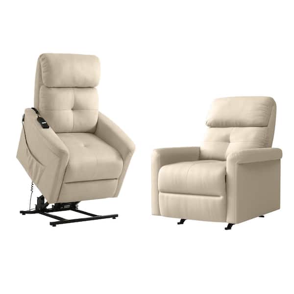 ProLounger Manual Rocker Recliner and Power Lift Recliner Chairs in Stone Ecru Nubuck Fabric (Set of 2)