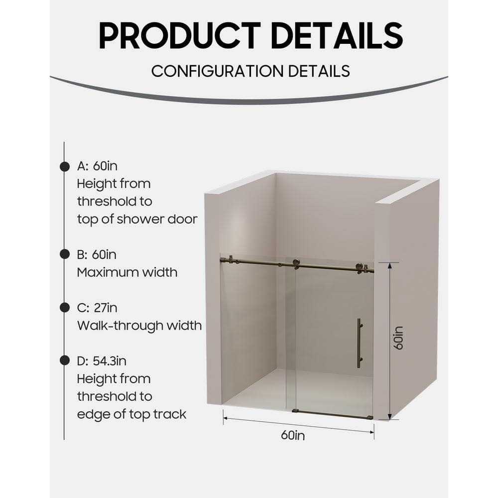 60" Gold Frameless Sliding Tub Door with Clear Tempered Glass
