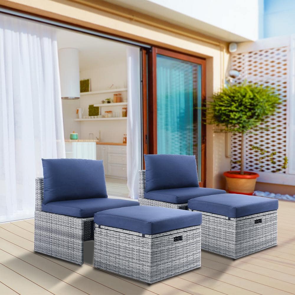 Gray Wicker Outdoor Lounge Chair with Navy Blue Cushions