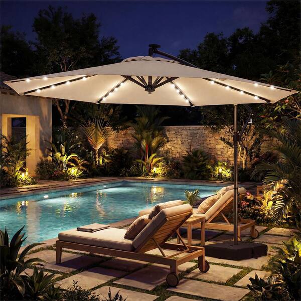 10 Feet Solar Offset Hanging Umbrella with Base and 32 LED Lights-Beige | Costway