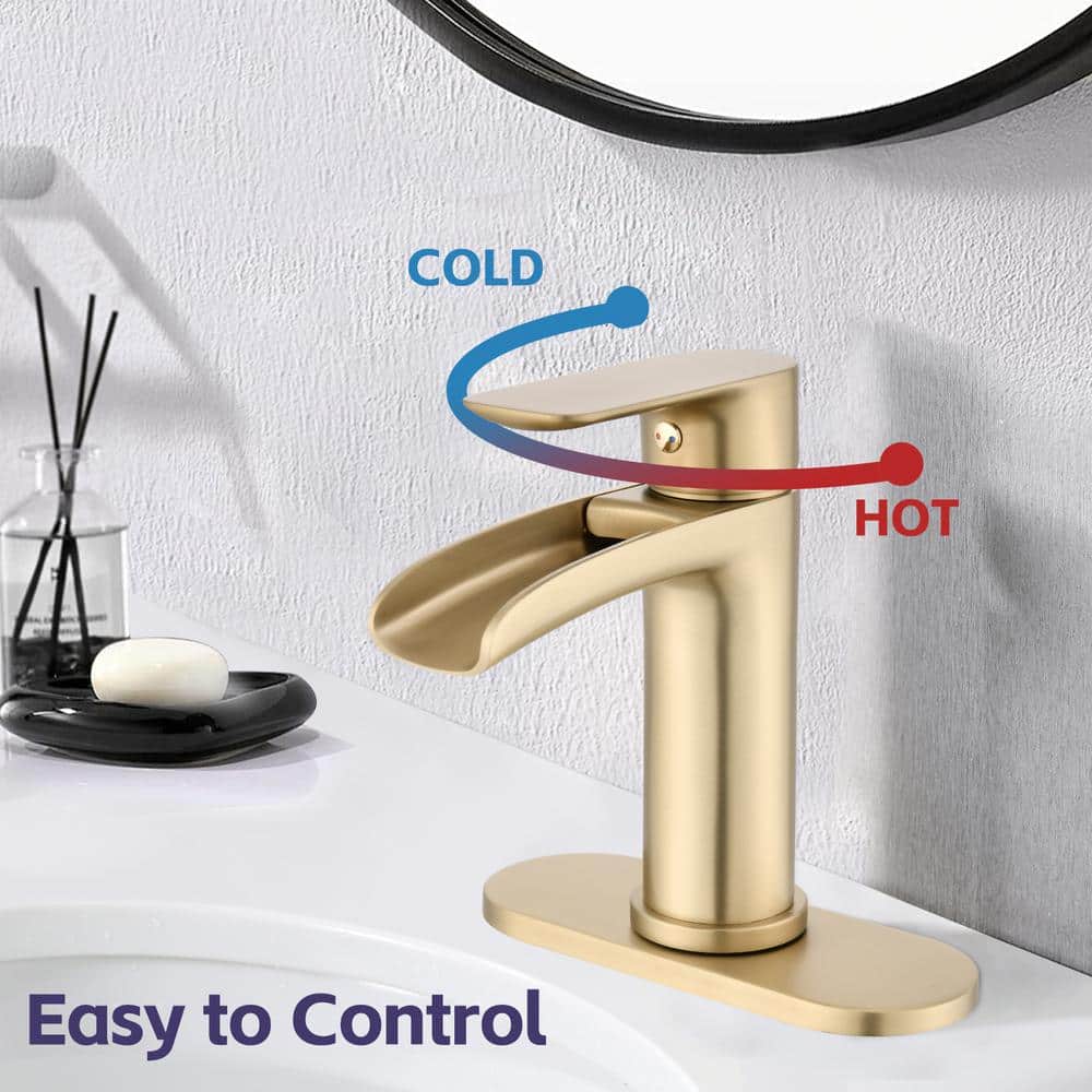 Brushed Gold Single Handle Waterfall Bathroom Faucet with Deck Plate