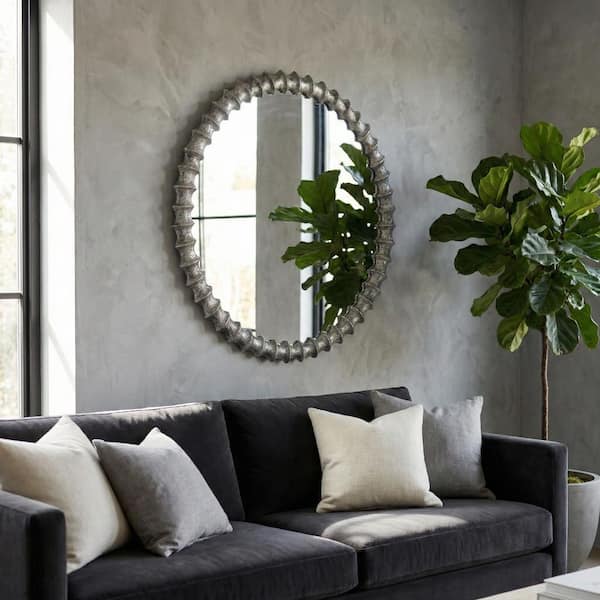 Silver 29 in. x 29 in. Modern Round Metal Ring Texture Framed Mirror