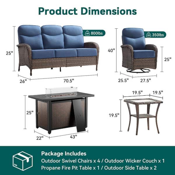 Moonridge 8-Piece Brown Wicker Fire Pit Conversation Set with 6 in. Olefin Blue Cushions / Metal Fire Pit Table